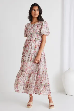 Optimized Title: Milano Monet Floral Print Puff Sleeve Tiered Maxi Dress for Women – Elegant Summer Multi-Layered Gown