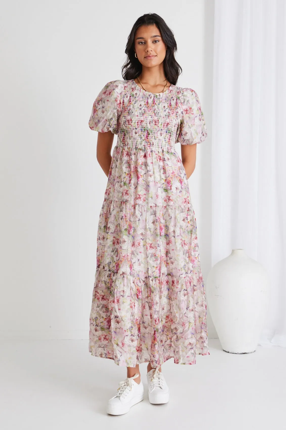 Optimized Title: Milano Monet Floral Print Puff Sleeve Tiered Maxi Dress for Women – Elegant Summer Multi-Layered Gown