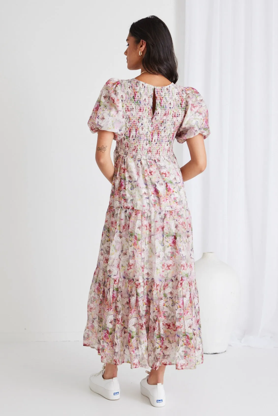 Optimized Title: Milano Monet Floral Print Puff Sleeve Tiered Maxi Dress for Women – Elegant Summer Multi-Layered Gown