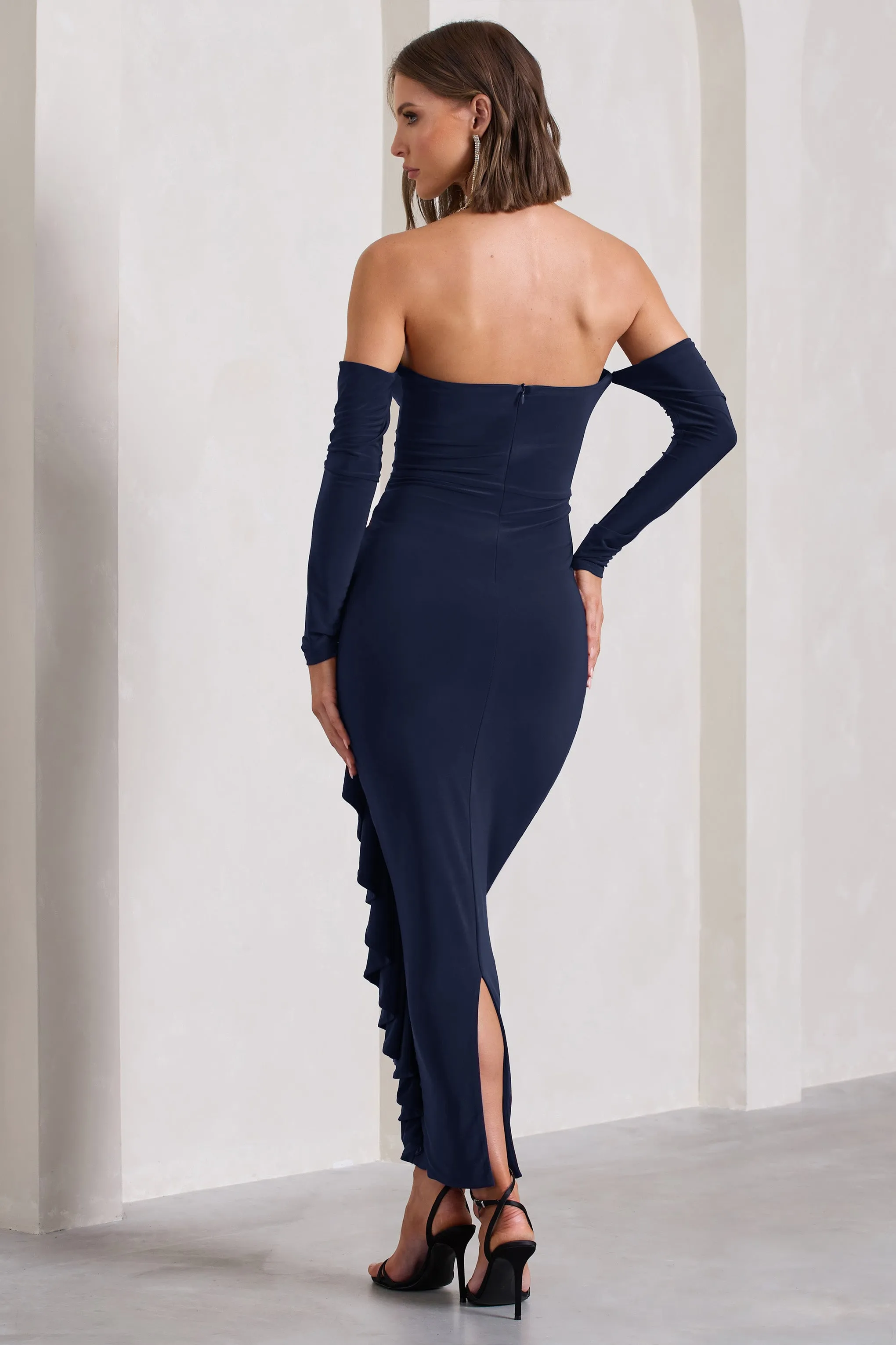 Montana | Navy Bardot Ruffle Maxi Dress