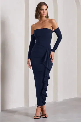 Montana | Navy Bardot Ruffle Maxi Dress