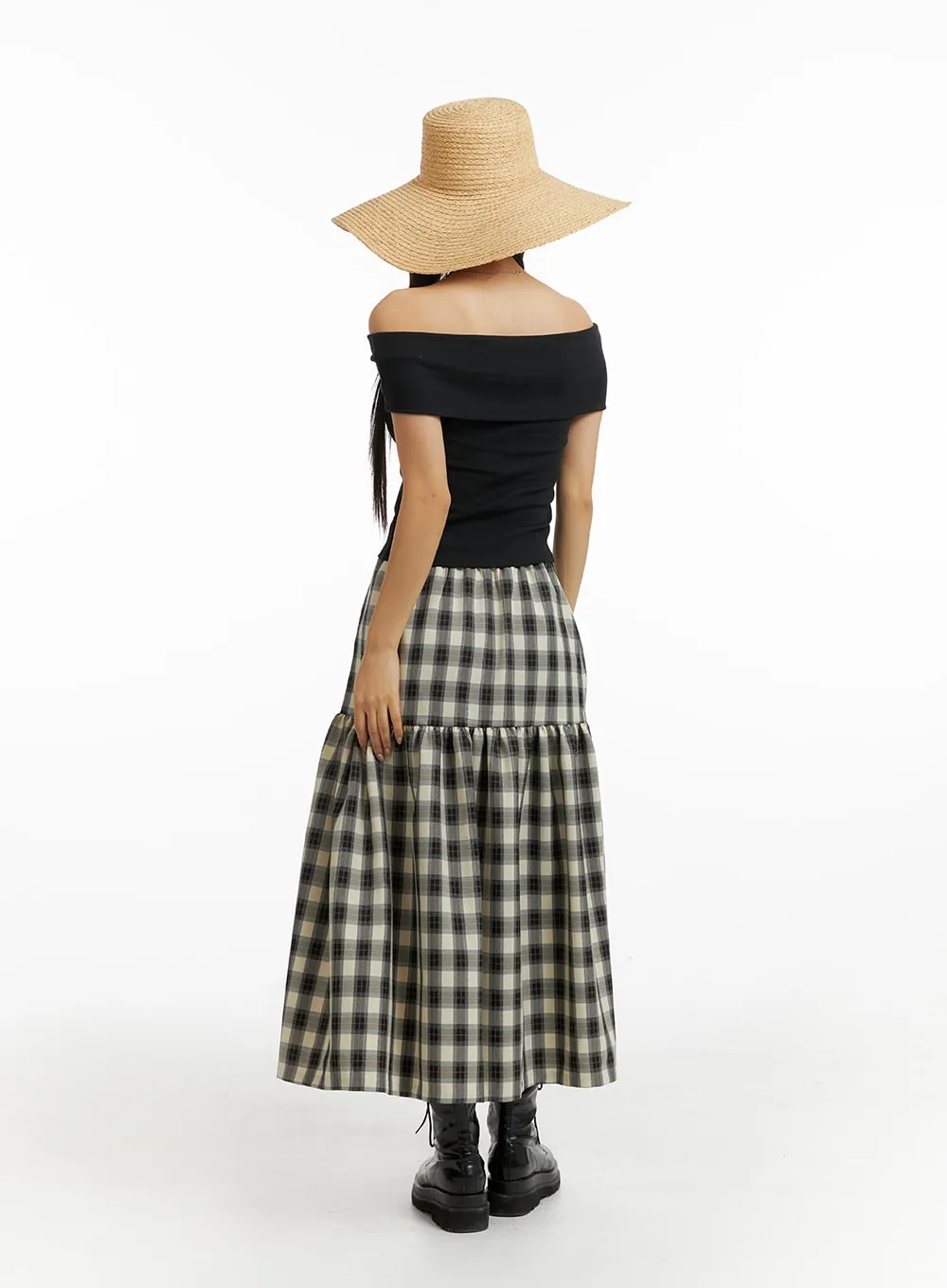 Plaid Flare Maxi Skirt IM404