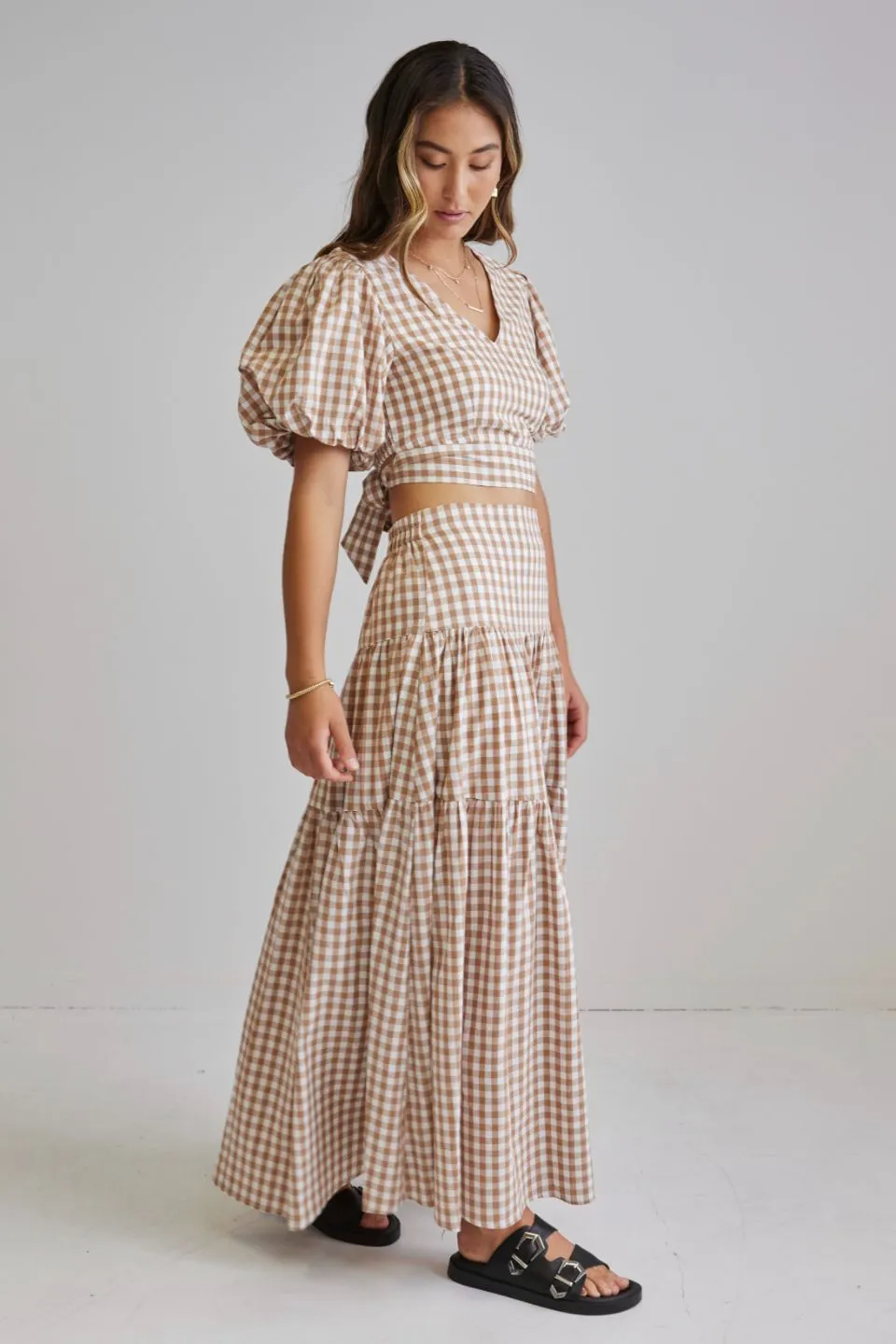 Playful Natural Gingham Tiered Maxi Skirt