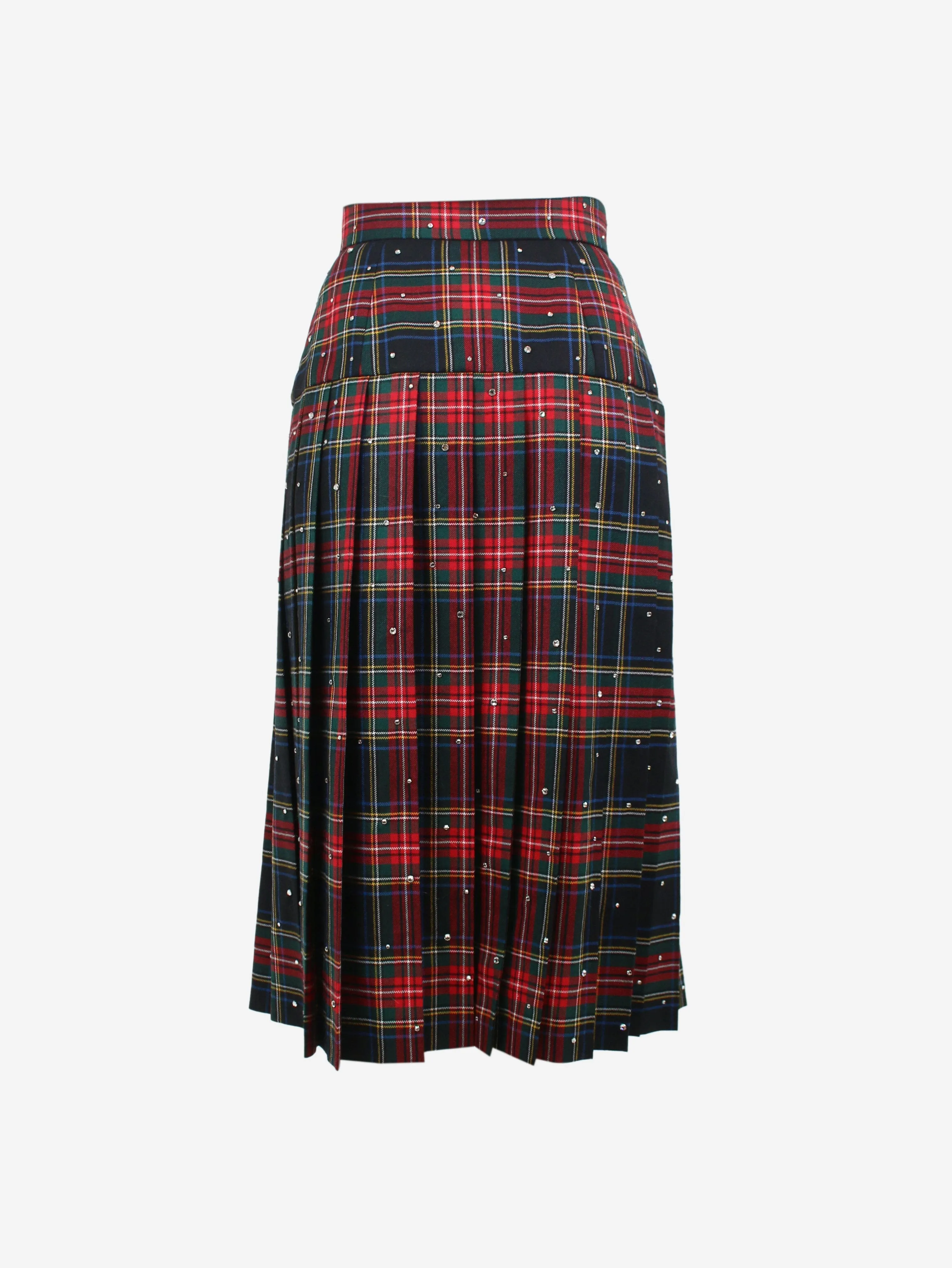 Red crystal-embellished tartan midi skirt - size UK 10