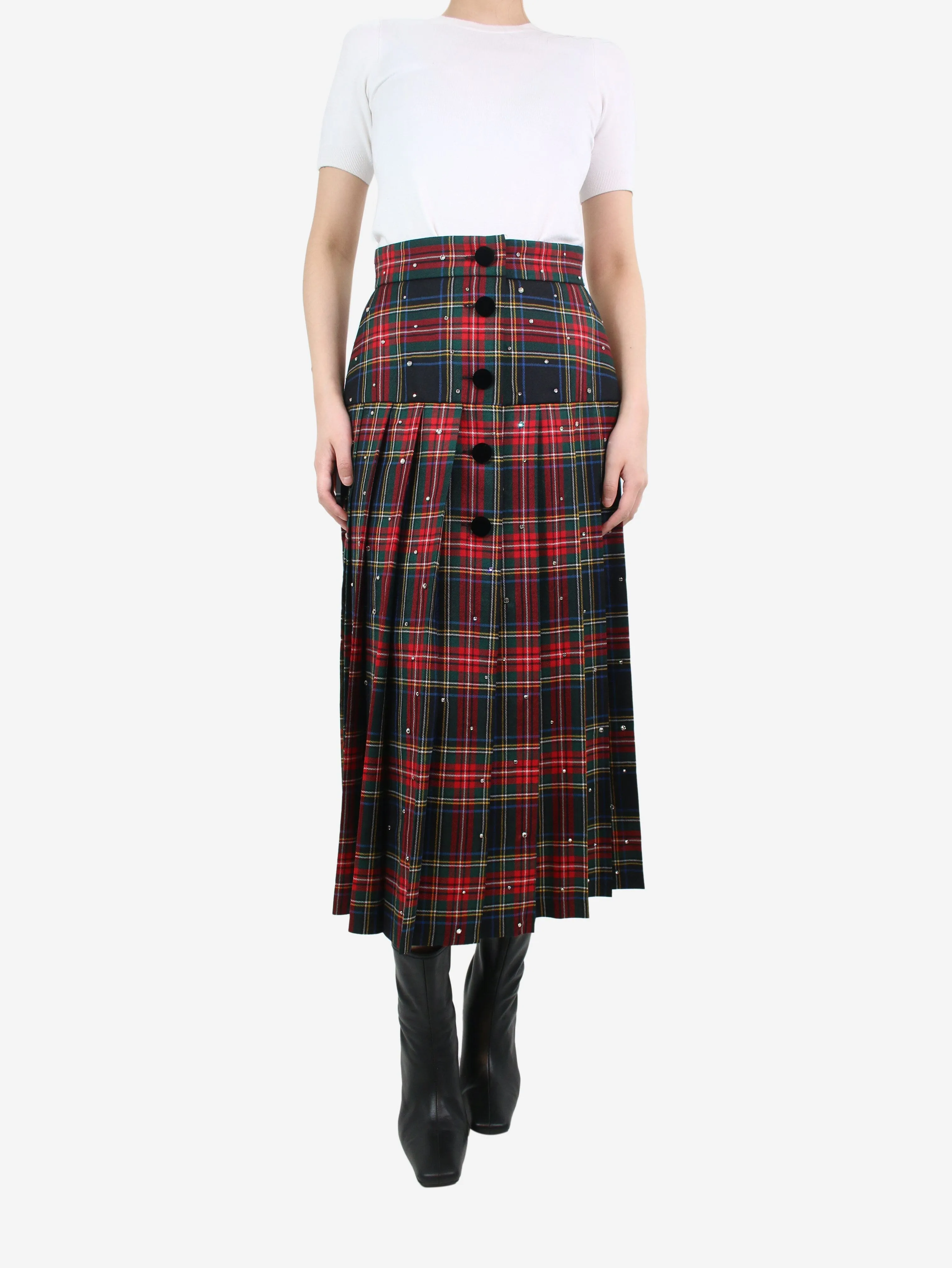 Red crystal-embellished tartan midi skirt - size UK 10