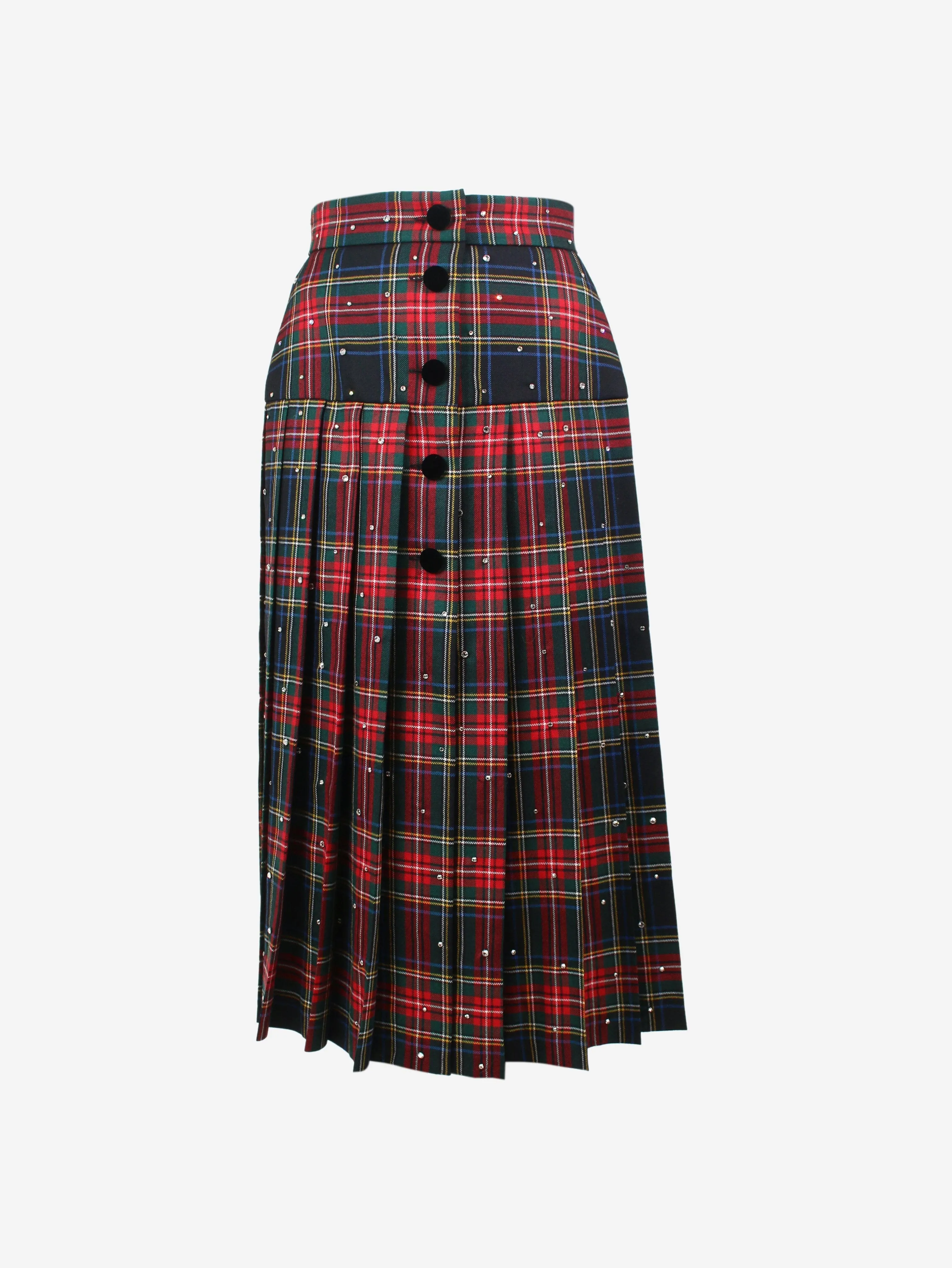 Red crystal-embellished tartan midi skirt - size UK 10