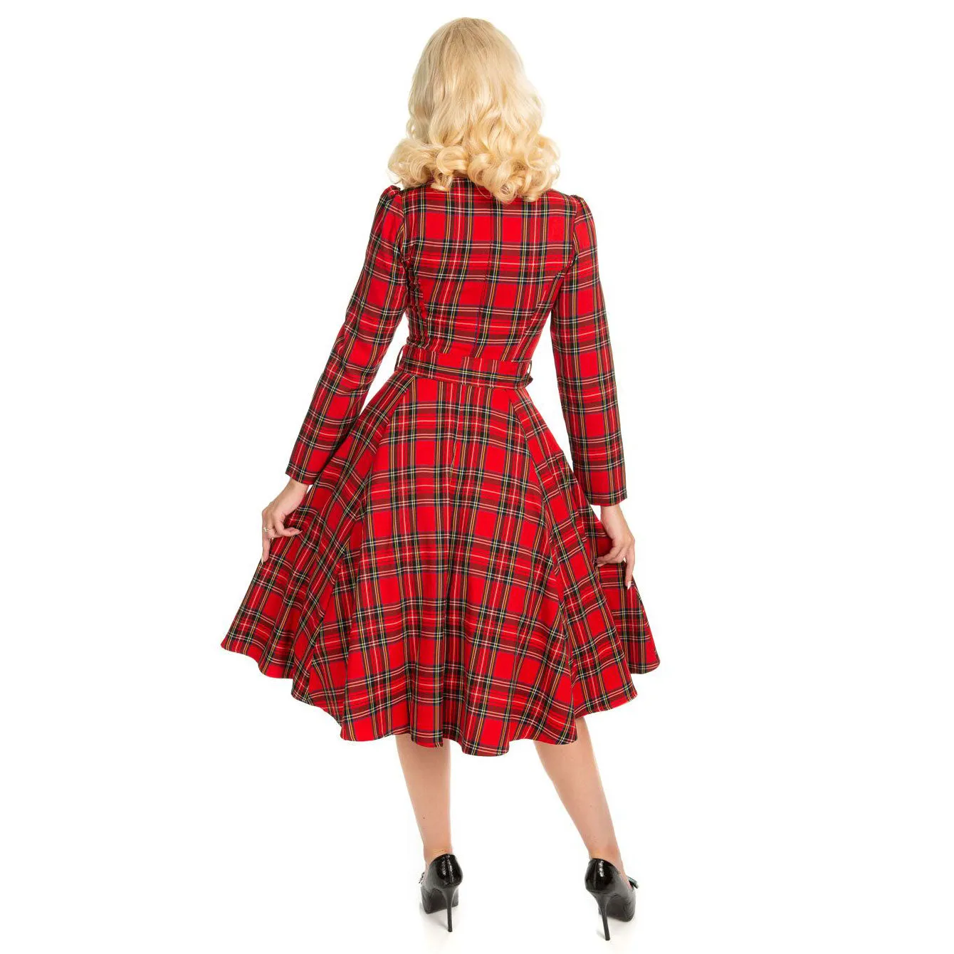 Red Tartan Long Sleeve Burns Night & Rockabilly Style Swing Dress