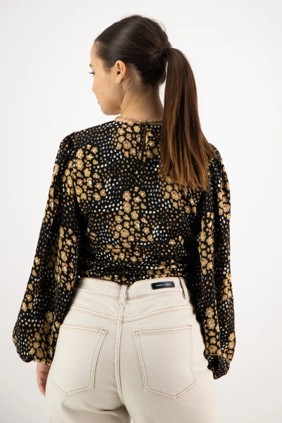 Reign Gold Spot LS Balloon Sleeve Plunge Button Front Crop Top