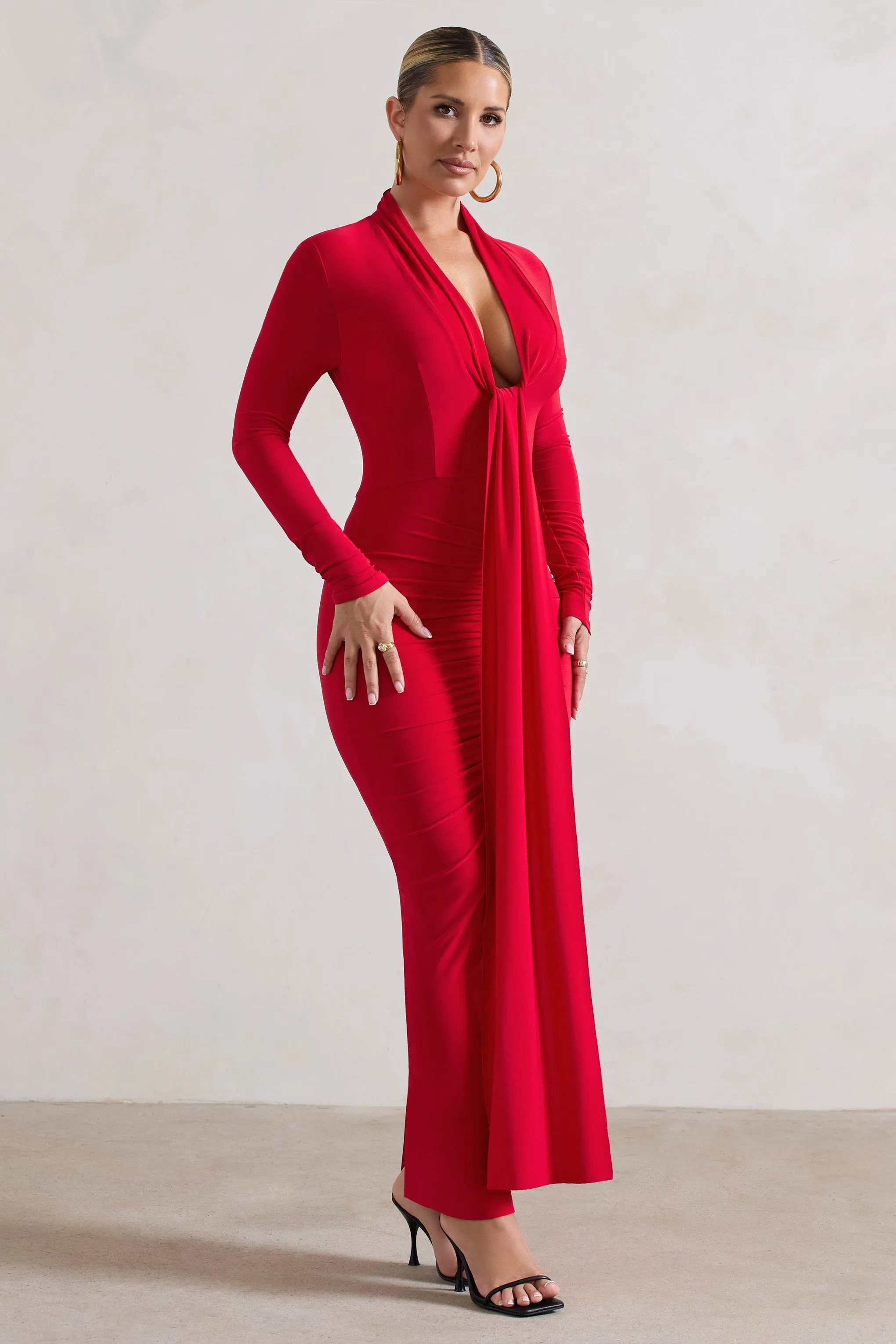 Risha | Red Plunge-Neck Long-Sleeve Drape Maxi Dress