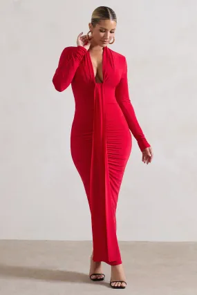 Risha | Red Plunge-Neck Long-Sleeve Drape Maxi Dress