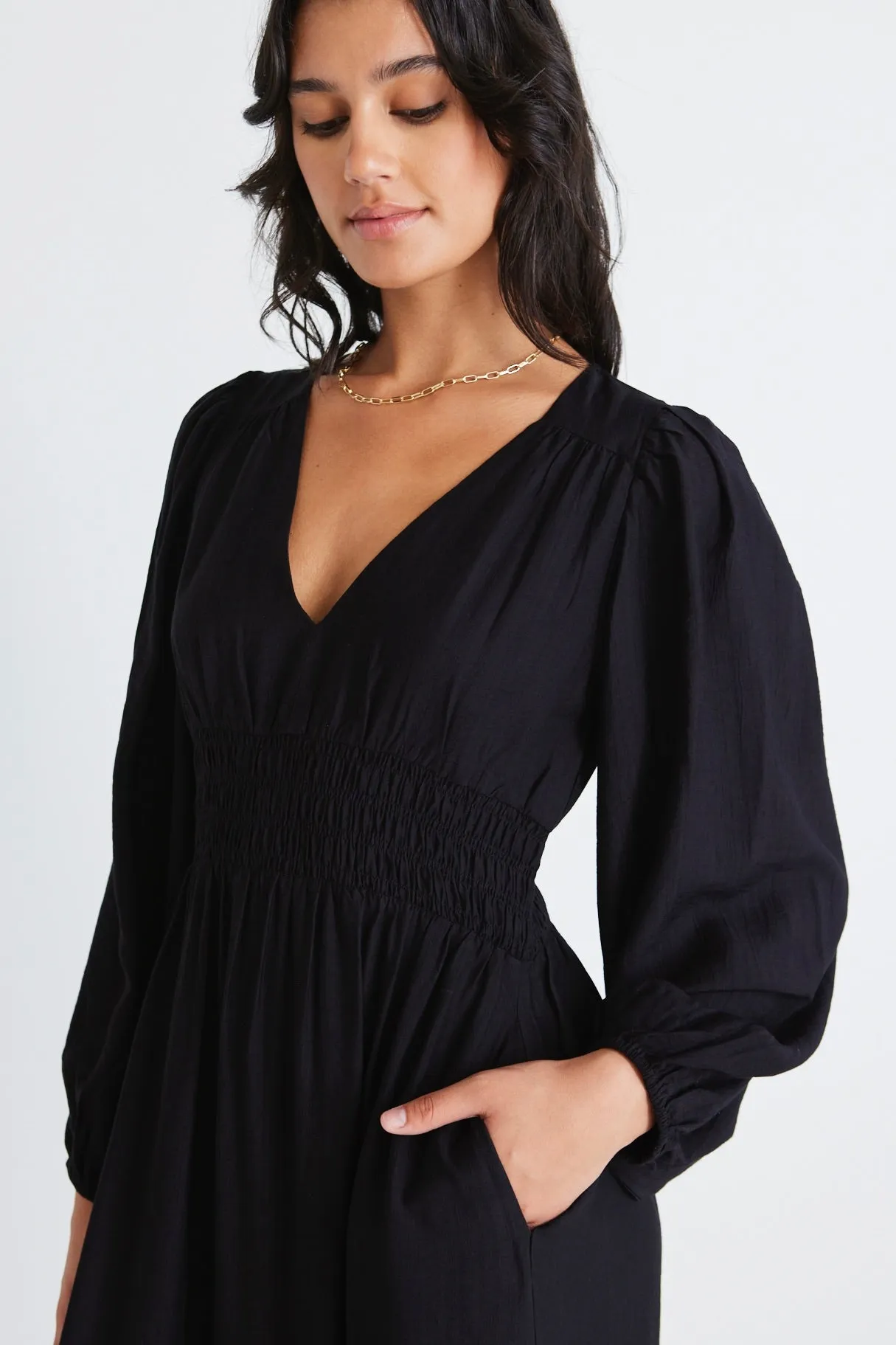 Spark Black LS Deep V Midi Dress