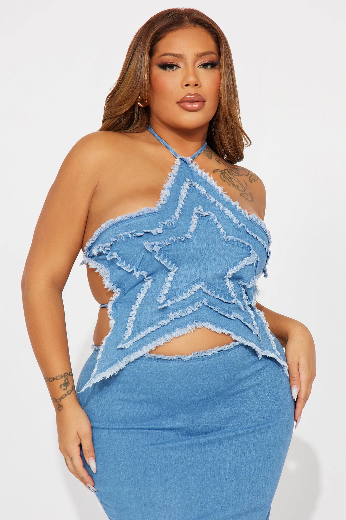 Star Gazed Denim Skrit Set - Medium Wash