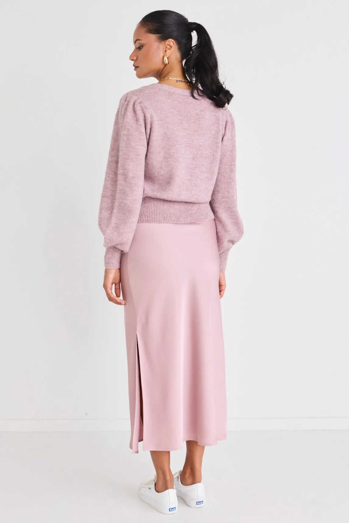 Stunning Blush Satin Side Split Bias Midi Skirt