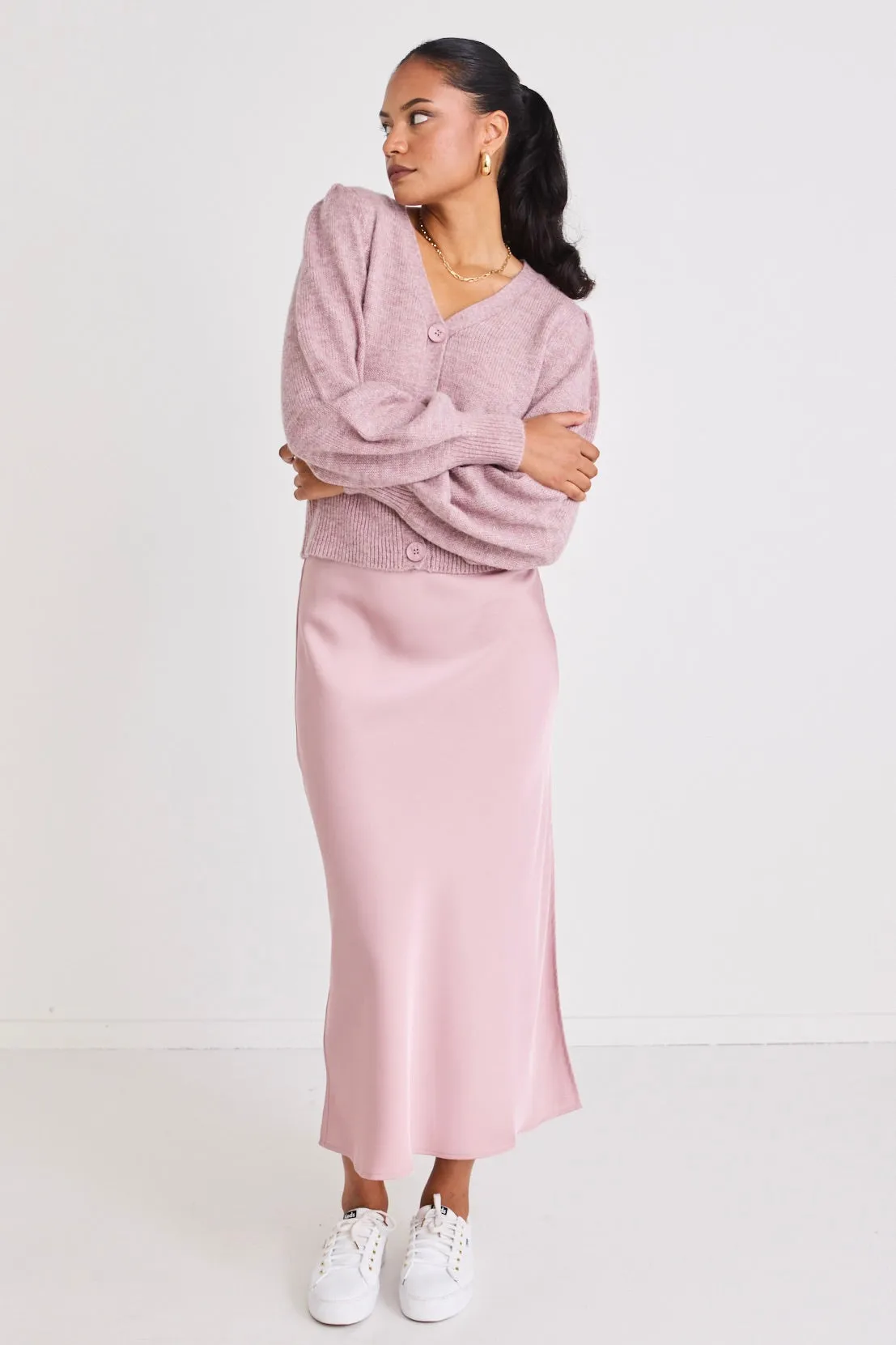 Stunning Blush Satin Side Split Bias Midi Skirt