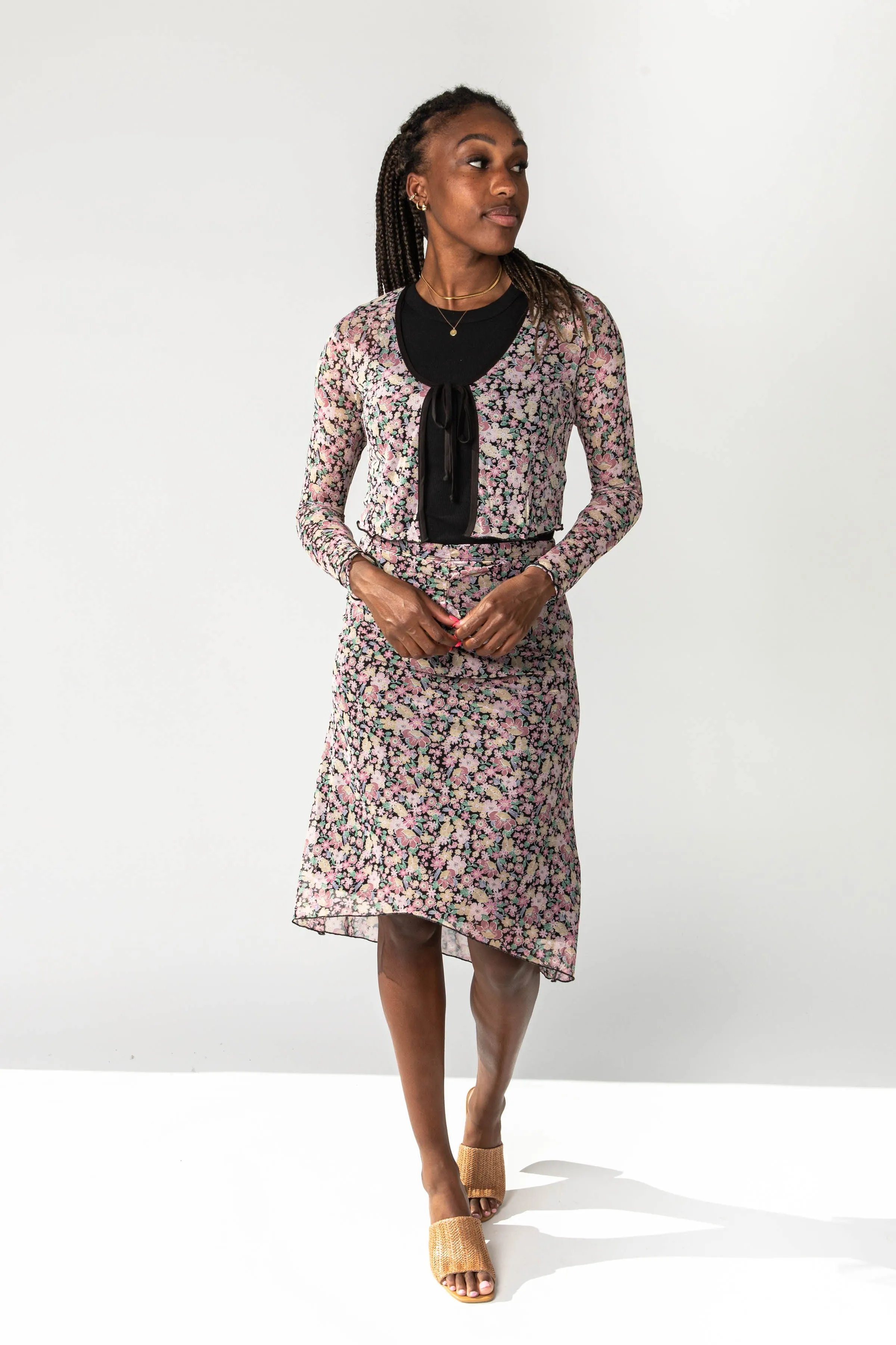 The Jolie Ruched Floral Skirt in Black