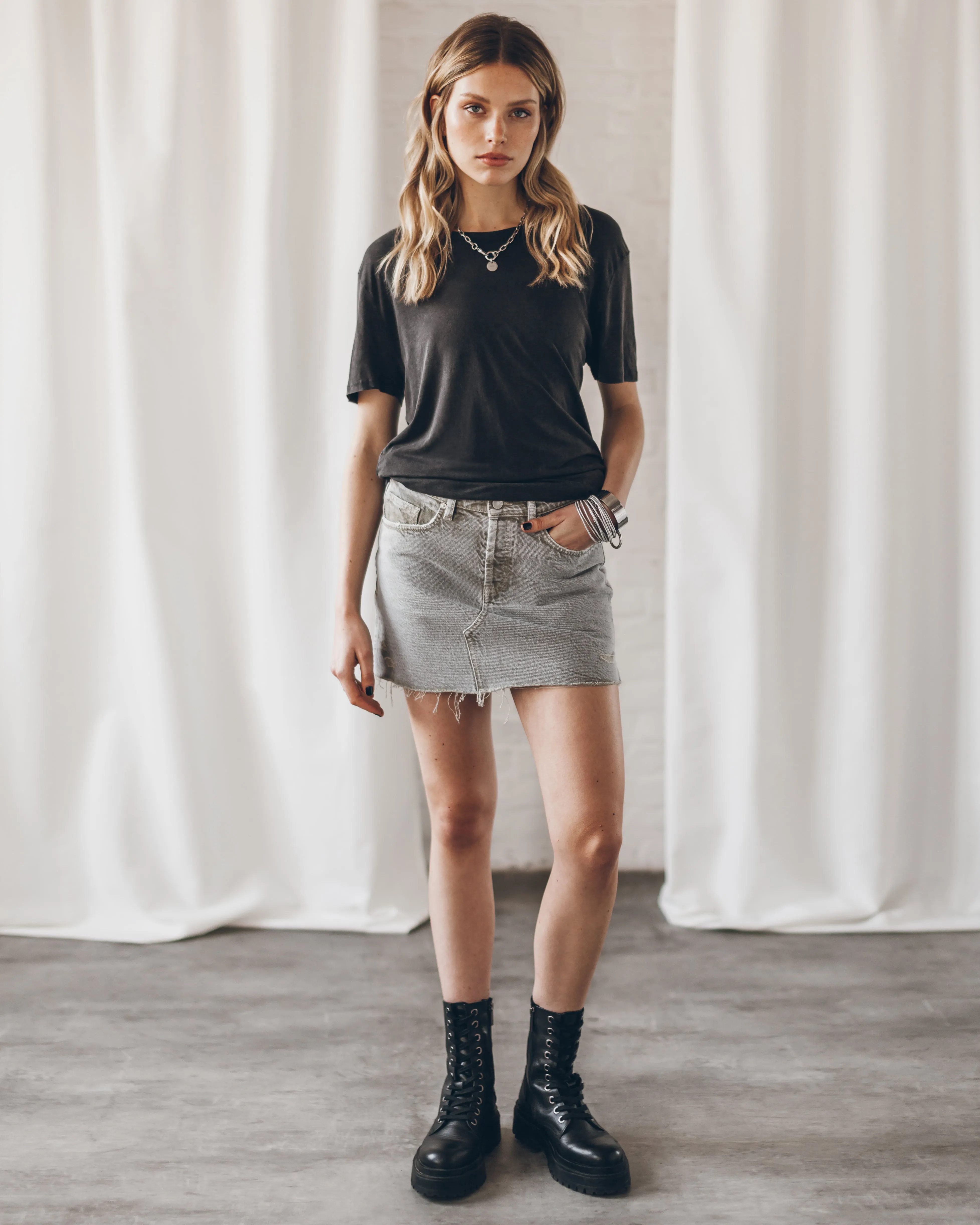 The Khaki Faded Denim Skirt