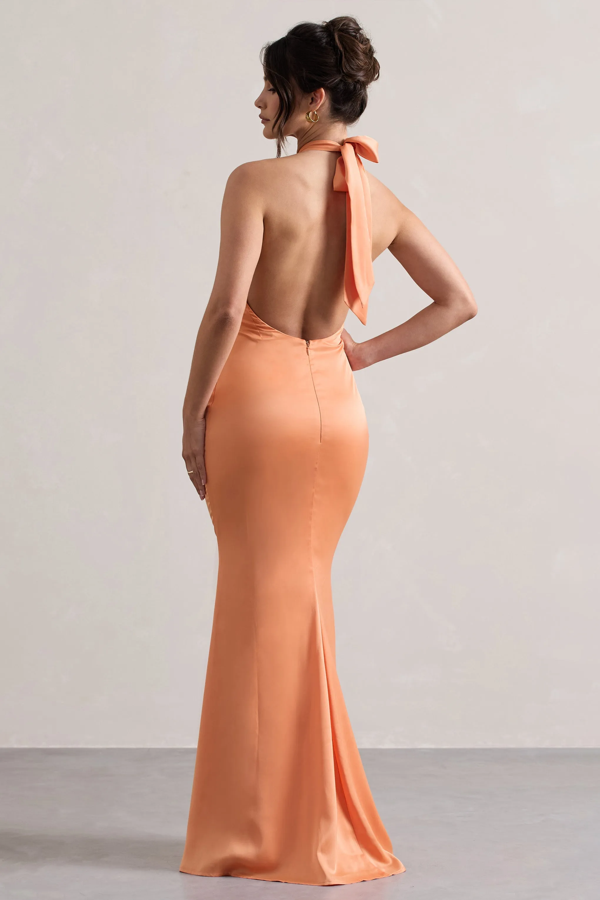 Unbeatable | Peach Satin Cross Over Halter-Neck Maxi Dress