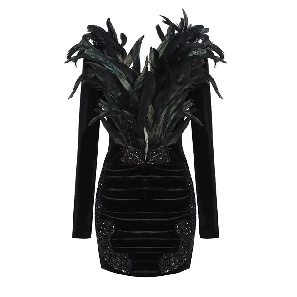 Velvet Feathers Black Mini Dress