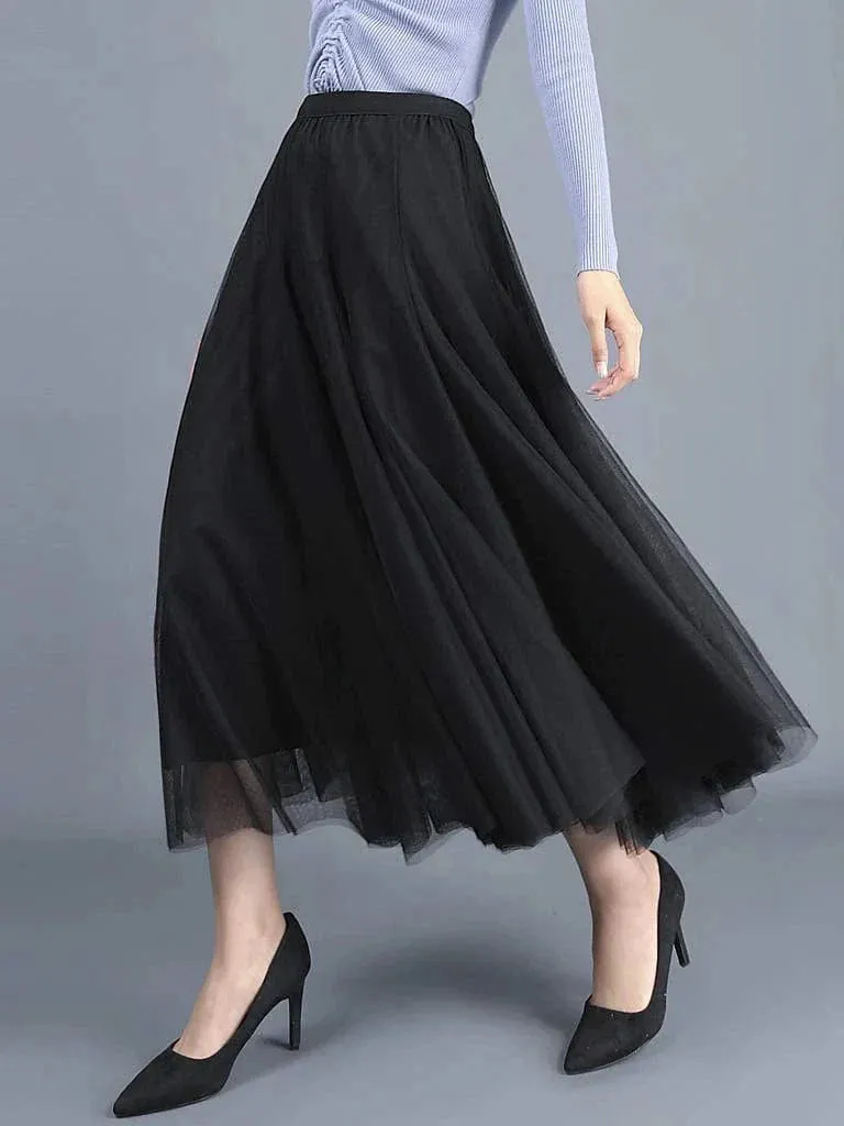 Vintage Style Women's Pleated Tulle Maxi Skirt