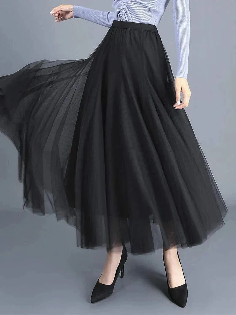 Vintage Style Women's Pleated Tulle Maxi Skirt