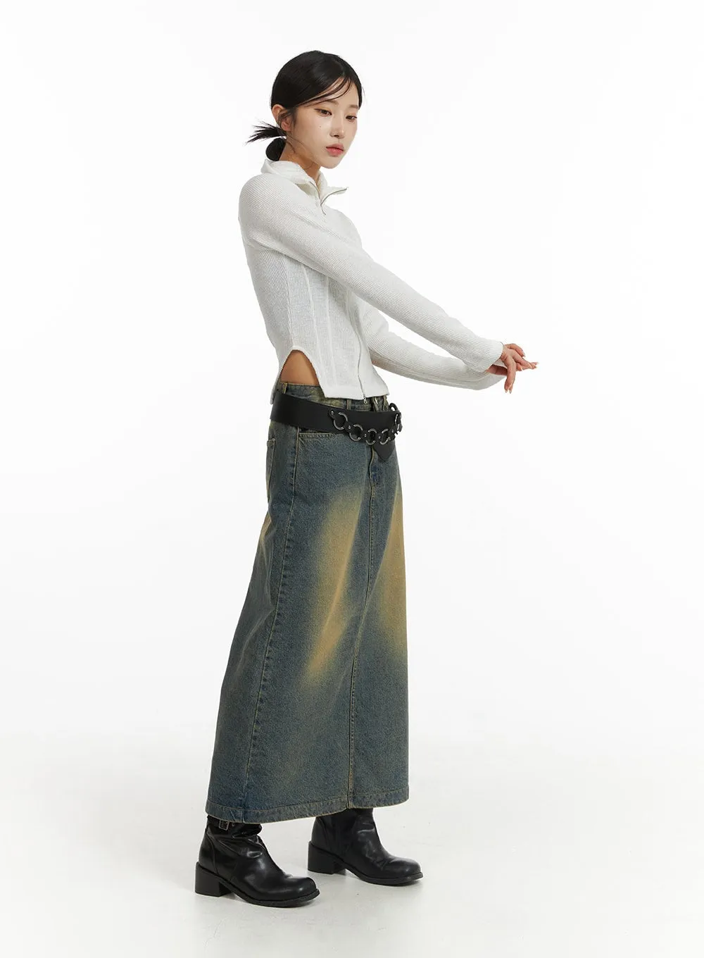 Vintage Washed Denim Maxi Skirt CJ431