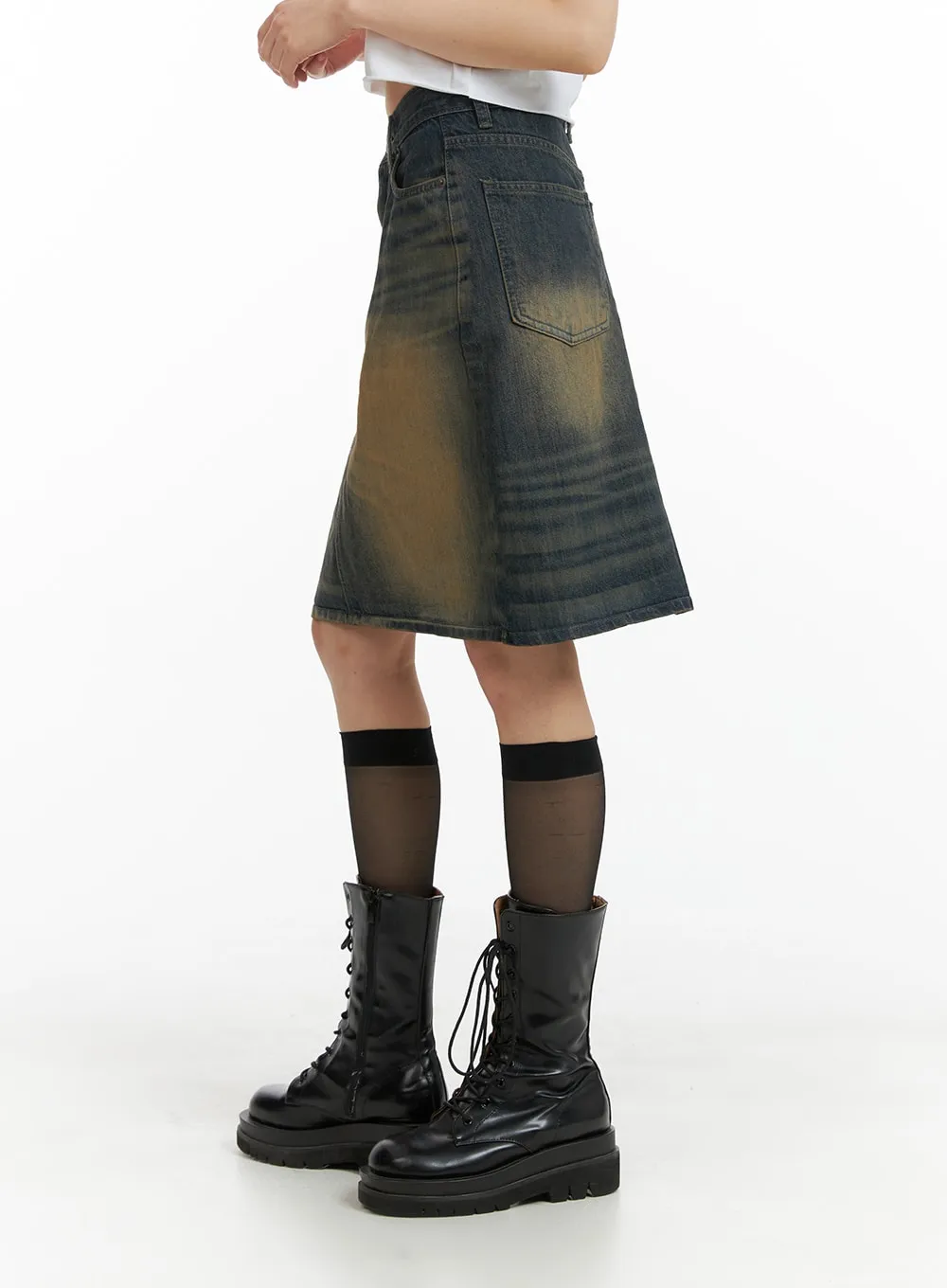 Vintage Washed Midi Denim Skirt CM413