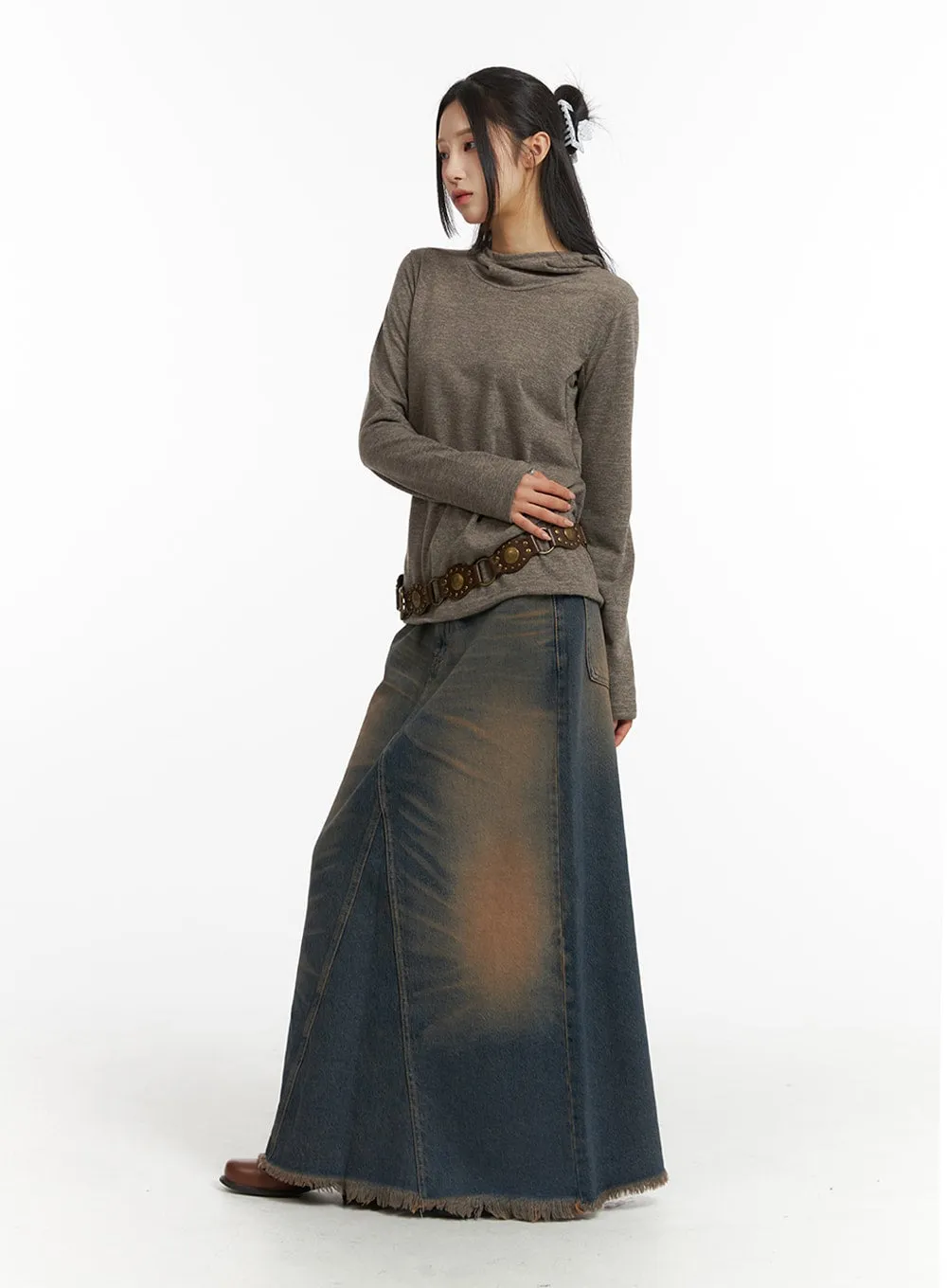 Washed Denim Maxi Skirt CJ418