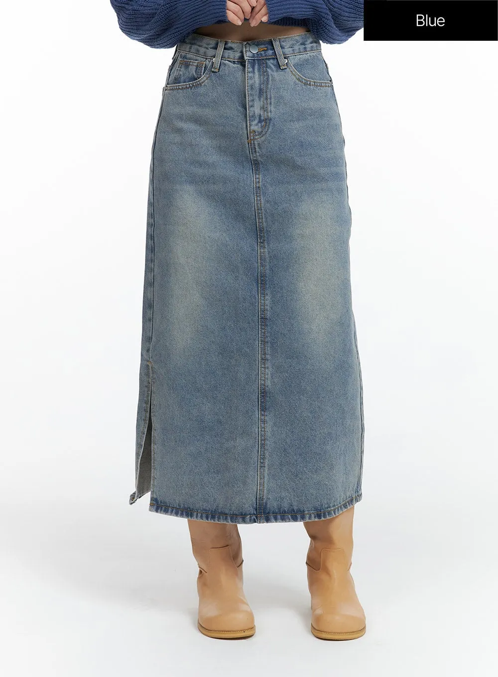 Washed Denim Maxi Skirt OF416