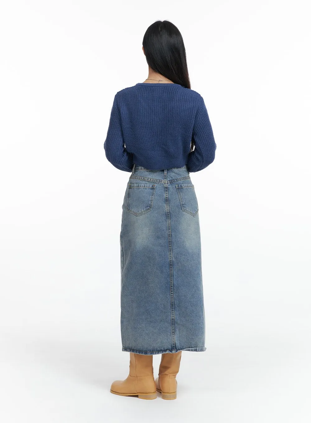 Washed Denim Maxi Skirt OF416