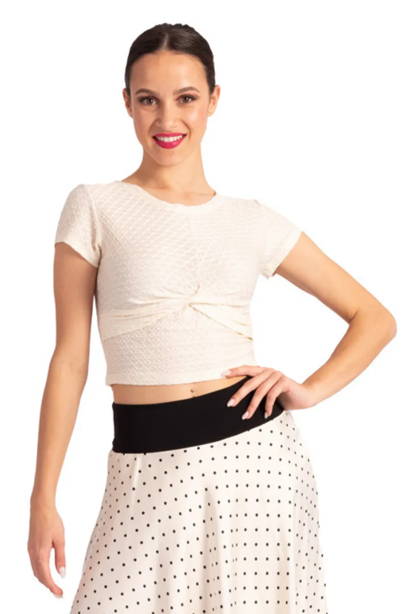 White Textured Monochrome Crop Top With Front Knot (L)