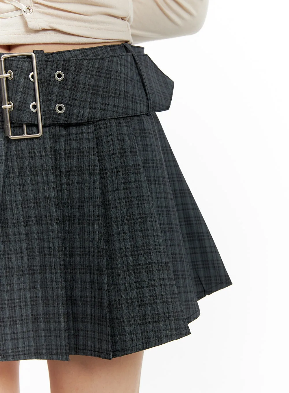 Wide Belt Checkered Mini Skirt CF429