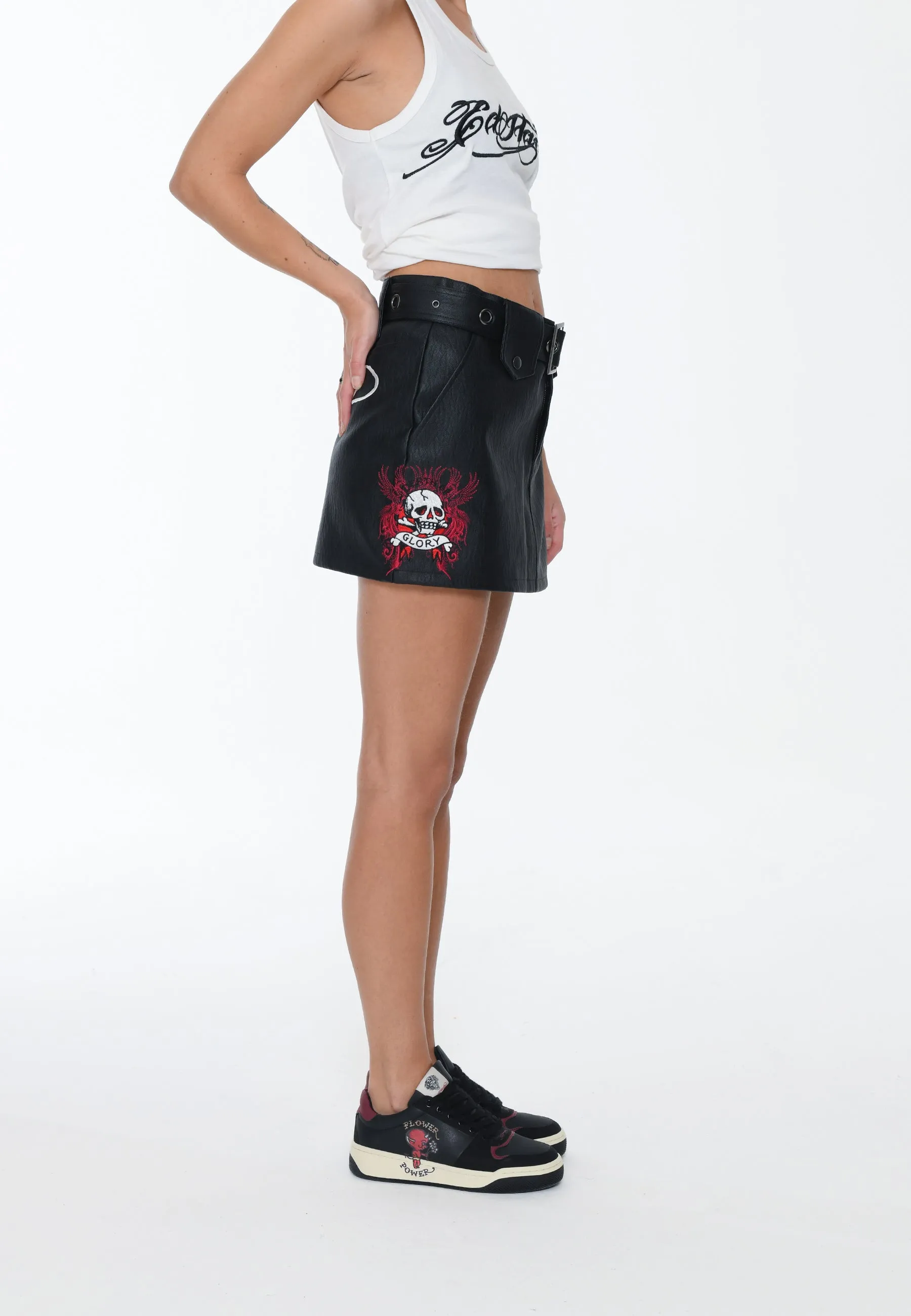 Womens Death Or Glory Vegan Leather Mini Skirt  - Black