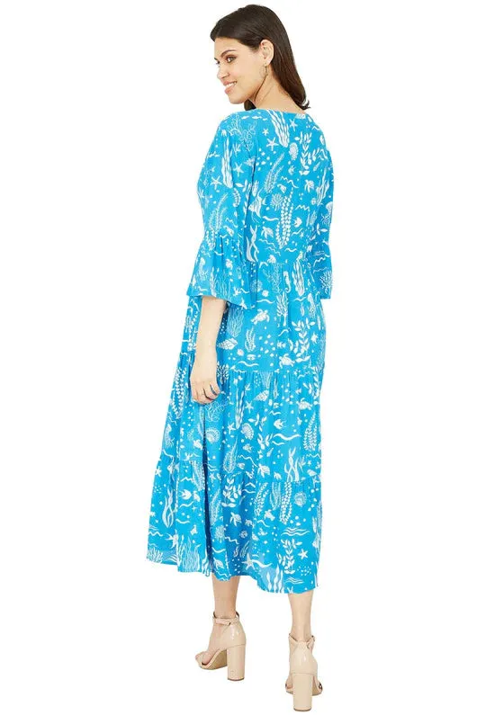 Yumi Blue Sealife Print Midi Dress